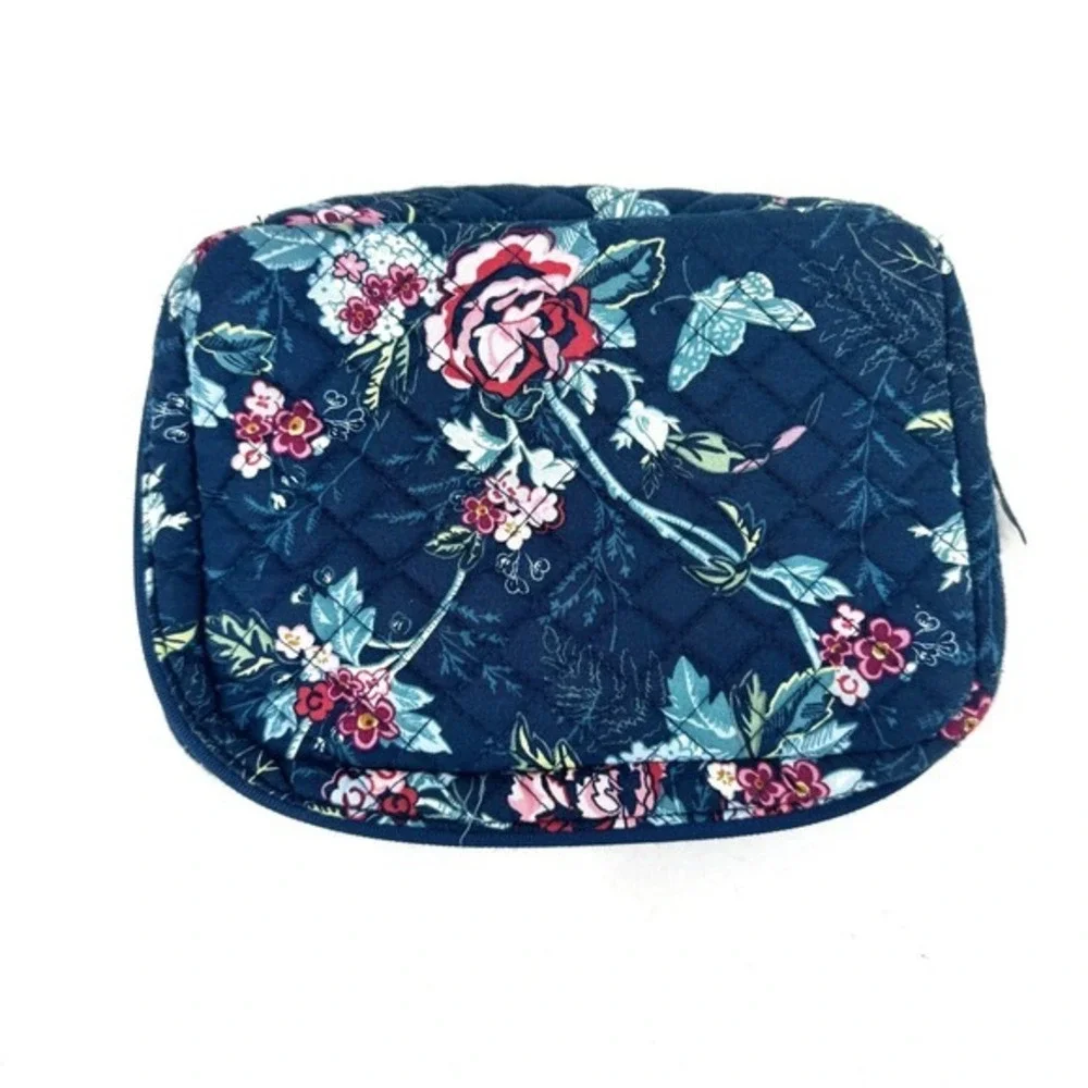 Vera Bradley Quilted Cotton Cosmetic Bag Navy Blue Floral Travel Makeup Pouch